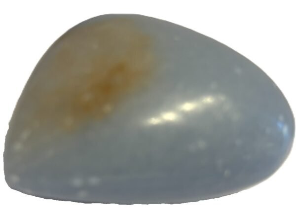 Polished natural angelite carved heart crystal 2 sians emporium Smooth polished blue angelite carved heart crystal showing natural white mineral flecks on a white background